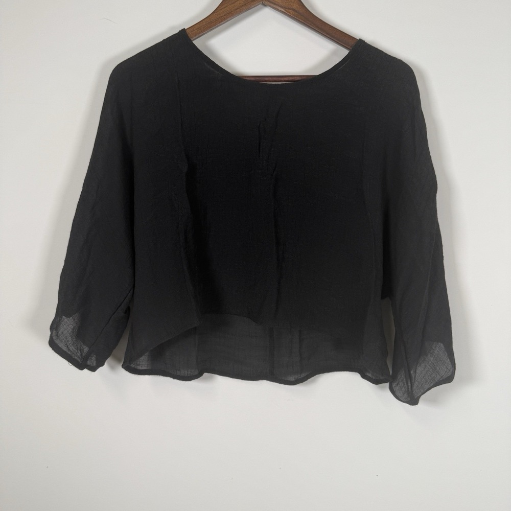 Graciela Women's Black Crop Shirt Semi Sheer Short Sleeve Blouse Size Large